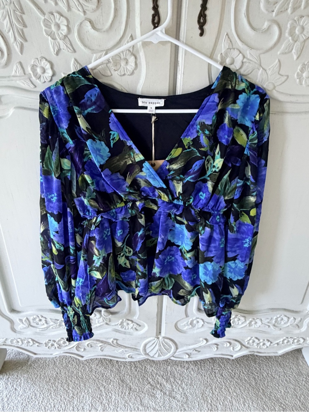 Blu Pepper Black Floral V-Neck Peplum Blouse with Blue & Green Print